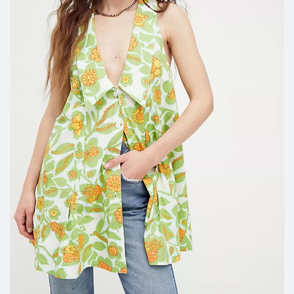 Free People Green and Orange Floral Tunic